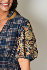 EMB PUFF SLEEVE GINGHAM DRESS