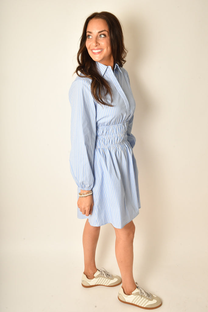 STRIPE GATHER WAIST SHIRT DRESS