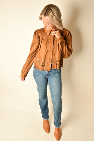 PUFF SLEEVE LASER CUT HEM JACKET