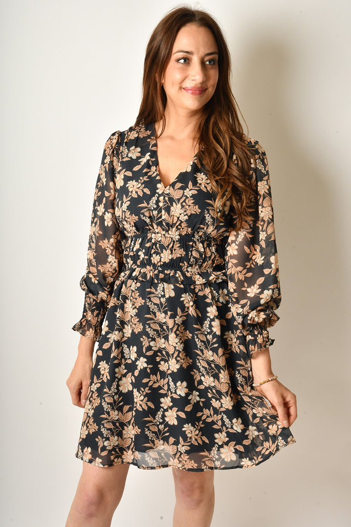 NAVY FLORAL V-NECK DRESS