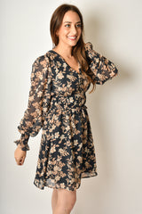 NAVY FLORAL V-NECK DRESS