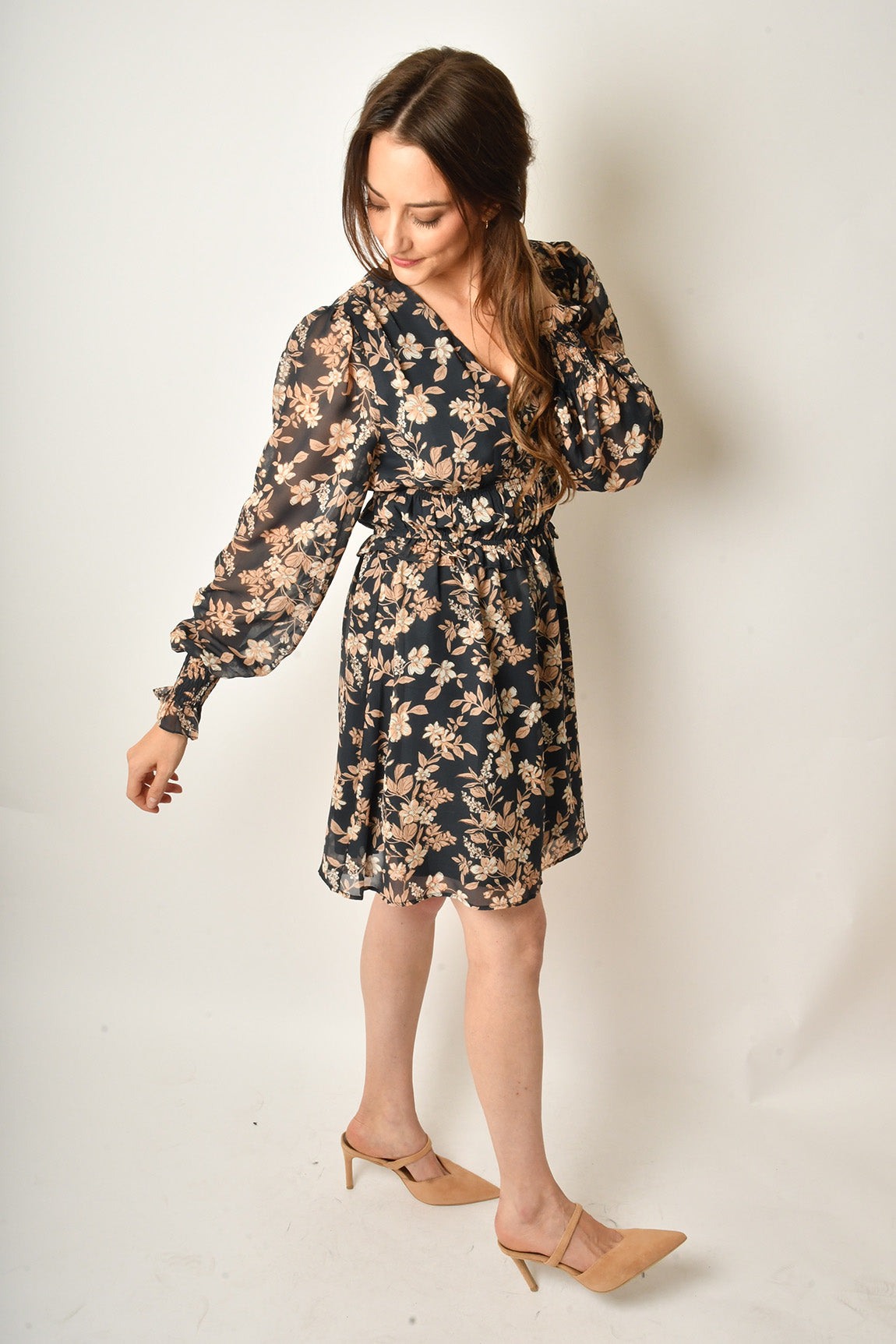 NAVY FLORAL V-NECK DRESS