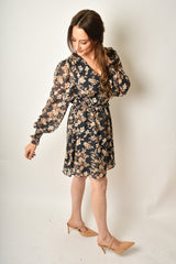 NAVY FLORAL V-NECK DRESS