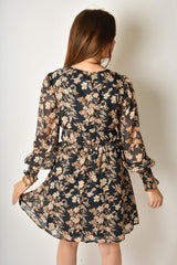 NAVY FLORAL V-NECK DRESS