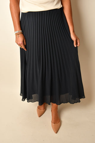 NAVY PLEATED MIDI SKIRT