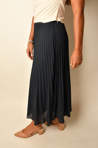 NAVY PLEATED MIDI SKIRT
