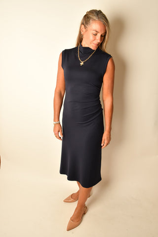 NAVY MOCK NECK MIDI DRESS