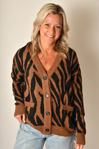 BUTTON FRONT TIGER SWEATER