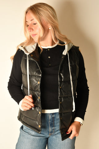 "LEATHER" HOODIE PUFFER VEST