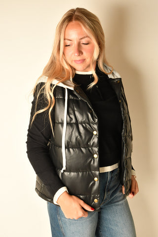 "LEATHER" HOODIE PUFFER VEST
