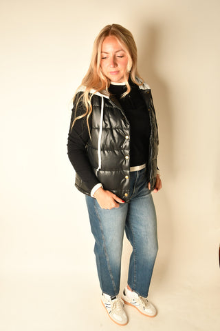 "LEATHER" HOODIE PUFFER VEST