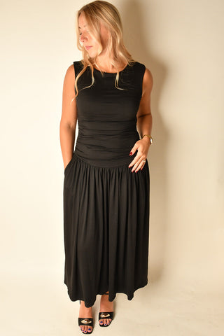 DROP WAIST RUCHED DRESS