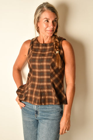 SUTTON PLAID & SUEDE PEPLUM TOP