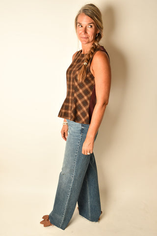SUTTON PLAID & SUEDE PEPLUM TOP