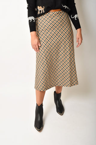 FAUX LEATHER BAND PLAID SKIRT