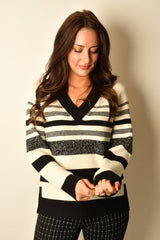 MELANGE STRIPE V-NECK SWEATER