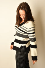MELANGE STRIPE V-NECK SWEATER