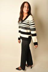 MELANGE STRIPE V-NECK SWEATER